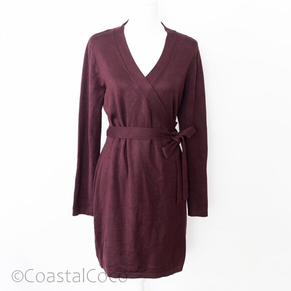 Lulus Literary Lover Plum Burgundy Wrap Sweater Dress L Stretchy Office Comfort - Picture 1 of 10